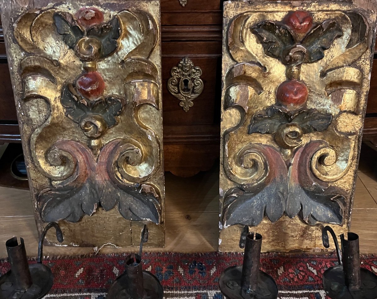 18th Century Carved, Gilded And Painted Wooden Wall Lights.