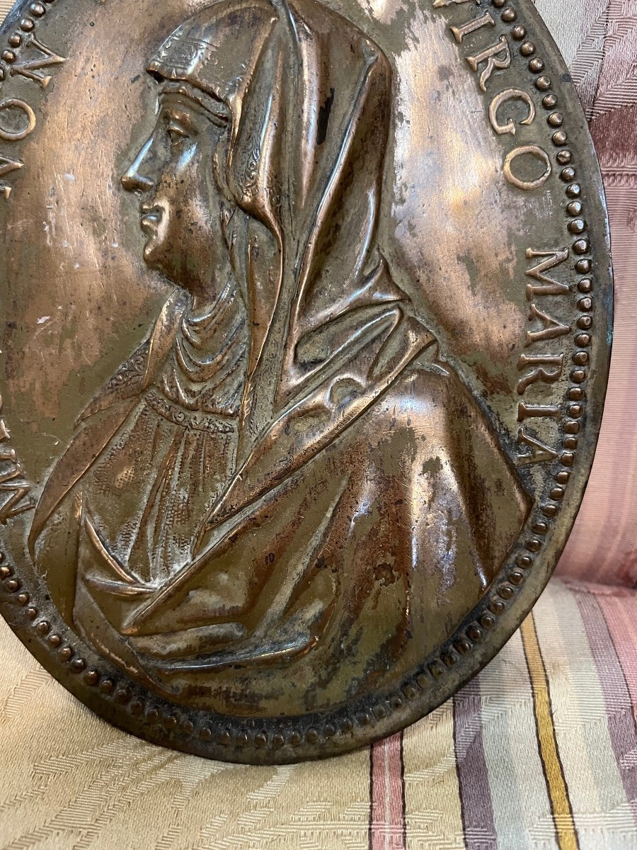 Belle Plaque En Bronze, Ovale, Portrait De La Vierge De Profil, XVII éme.-photo-1