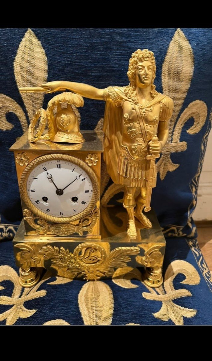 Gilt Bronze Clock, Representing Louis XIV Young In War Chief's Outfit? 19th Century.