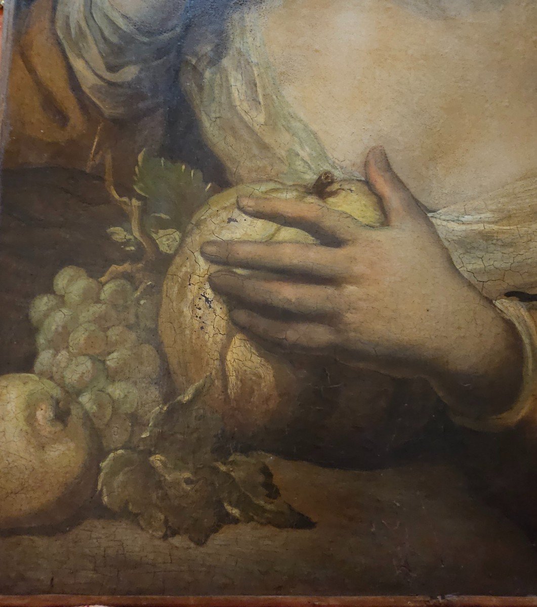 Large 19th Century Painting, A Young Girl In Bust, Presenting Fruits In Her Right Hand. -photo-4