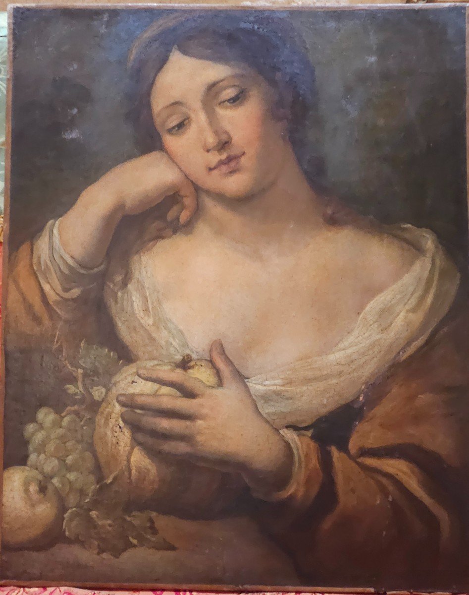 Large 19th Century Painting, A Young Girl In Bust, Presenting Fruits In Her Right Hand. 