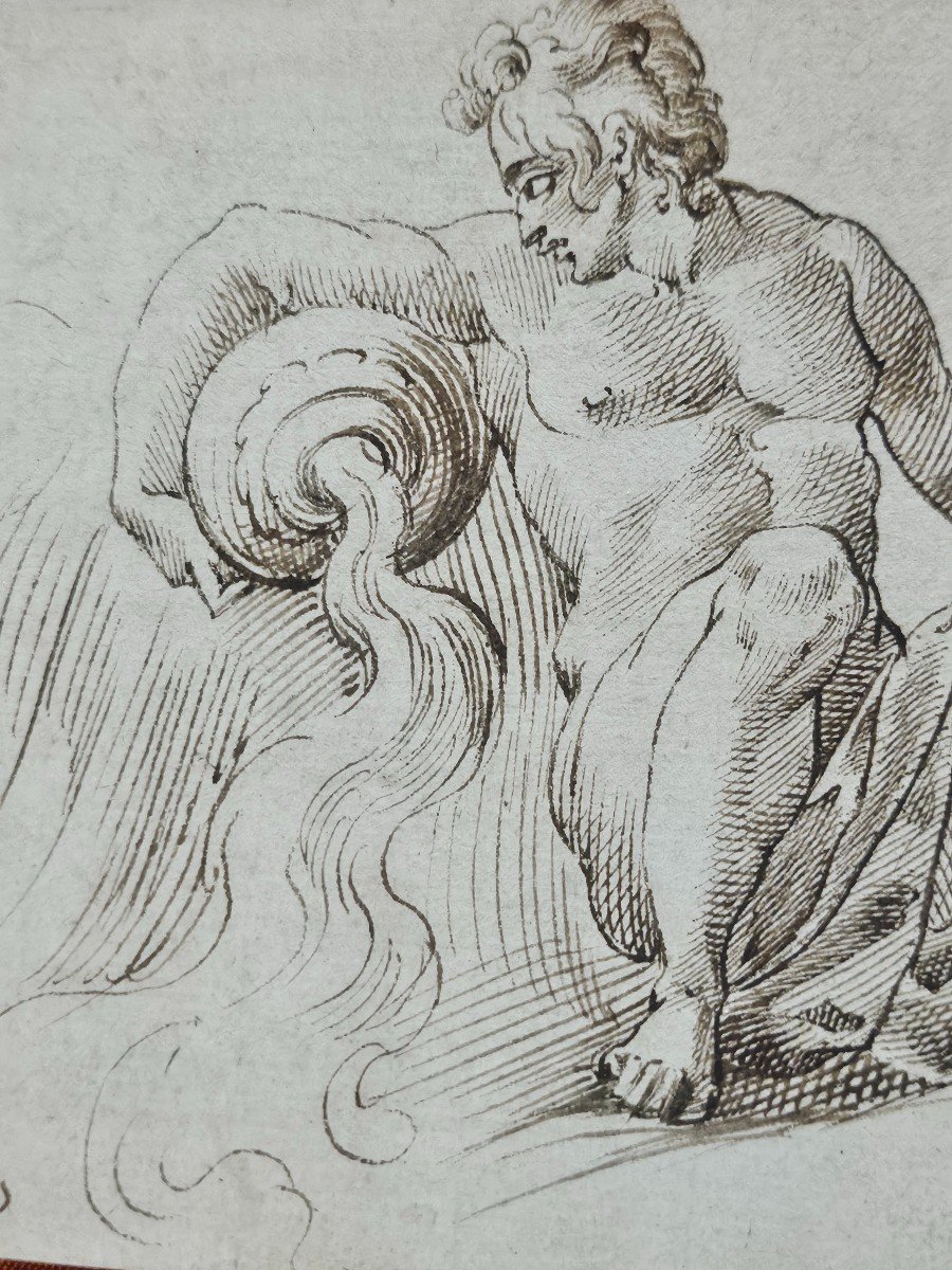 Small 17th Century Drawing, Allegory Of Water, Italy.-photo-3