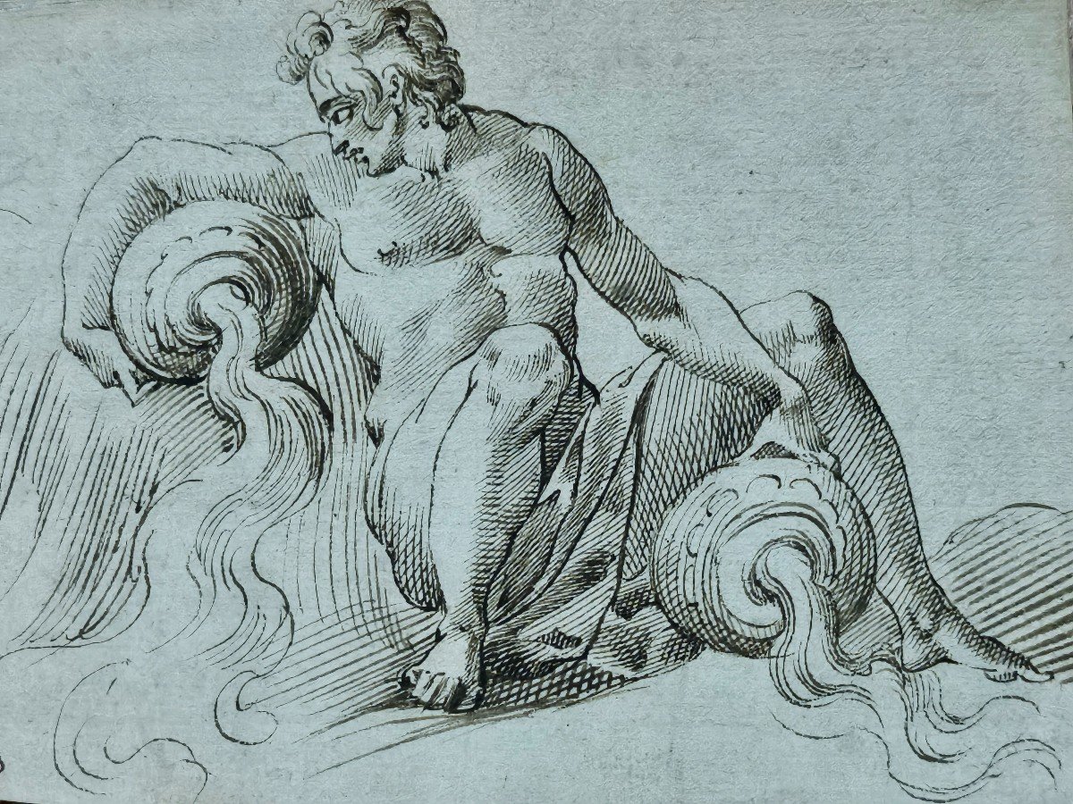 Small 17th Century Drawing, Allegory Of Water, Italy.-photo-1