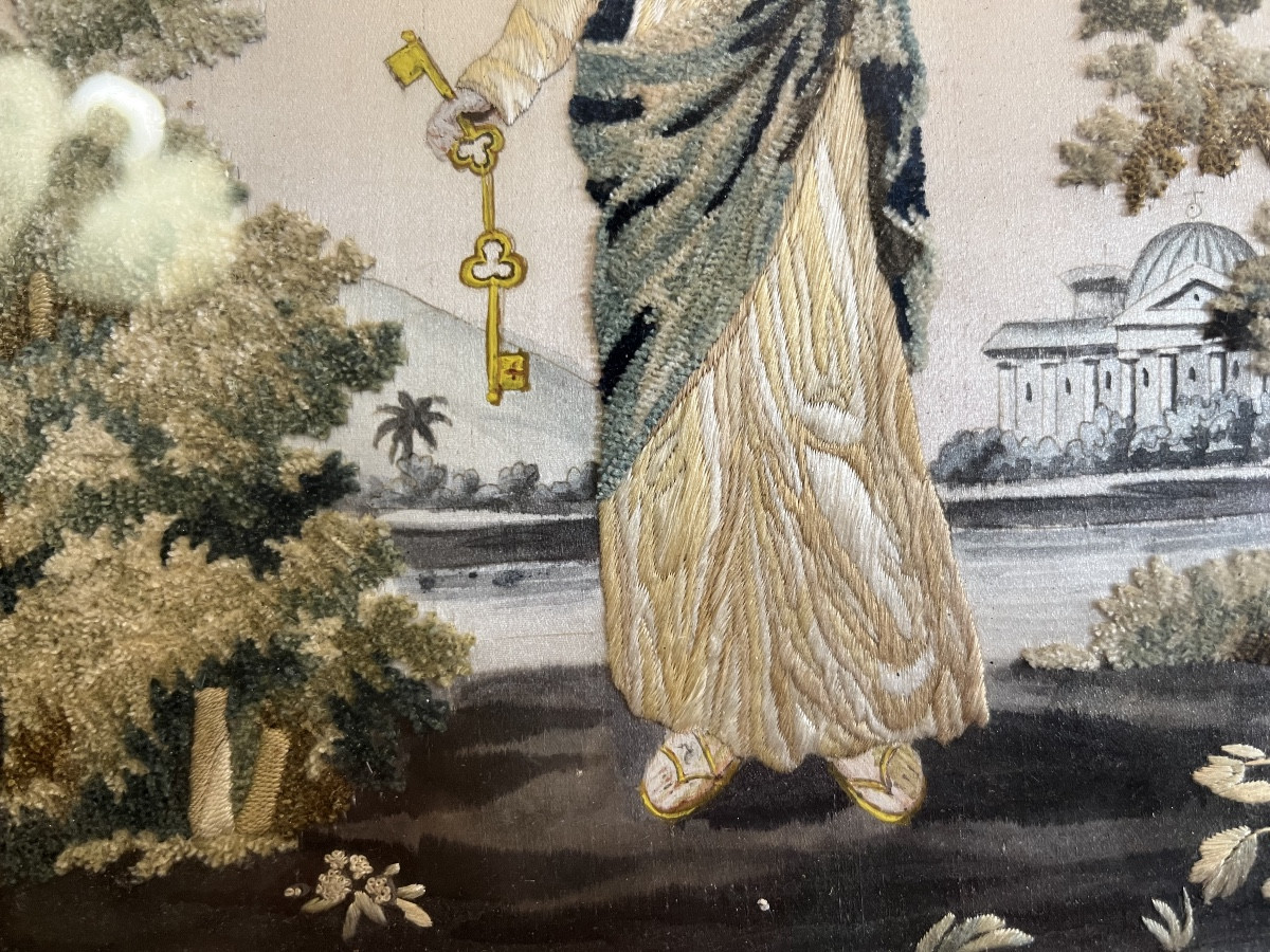 Gorgeous Brodery Representing Saint Peter, In Silk, Embroidered. 17/18 Teen Century -photo-1