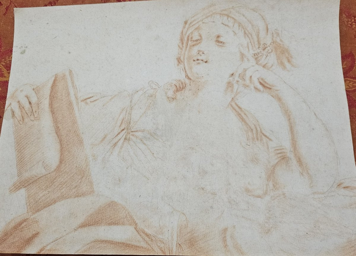 18th Century Red Chalk, Young Woman Reading. France-photo-2