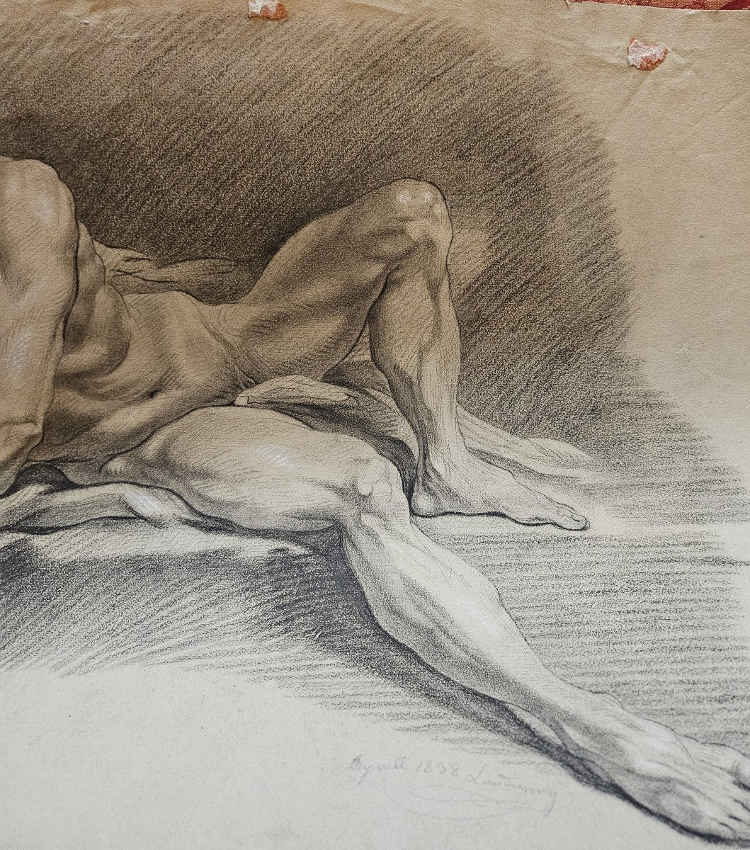 Very Large Black Chalk Drawing, Academy Of Nude Men. 19th Century, France.-photo-2