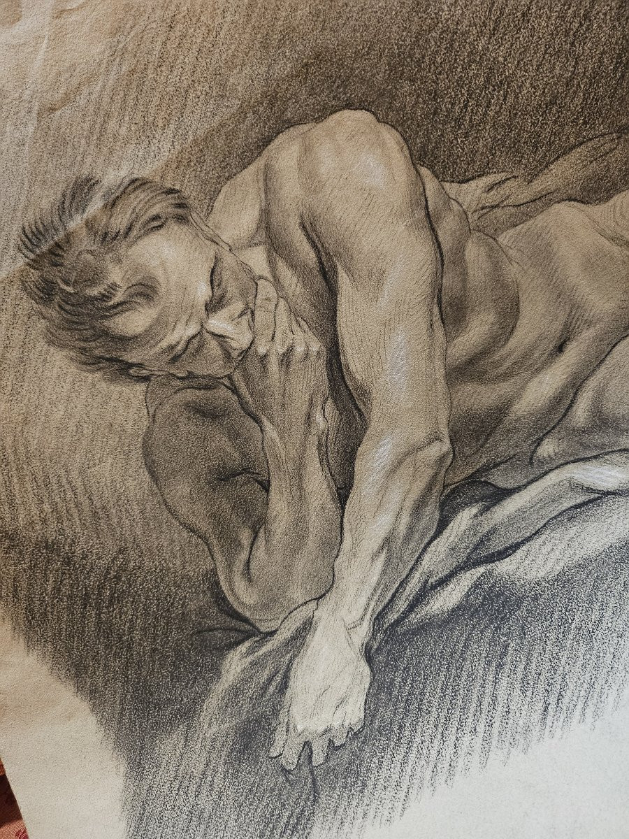 Very Large Black Chalk Drawing, Academy Of Nude Men. 19th Century, France.-photo-4