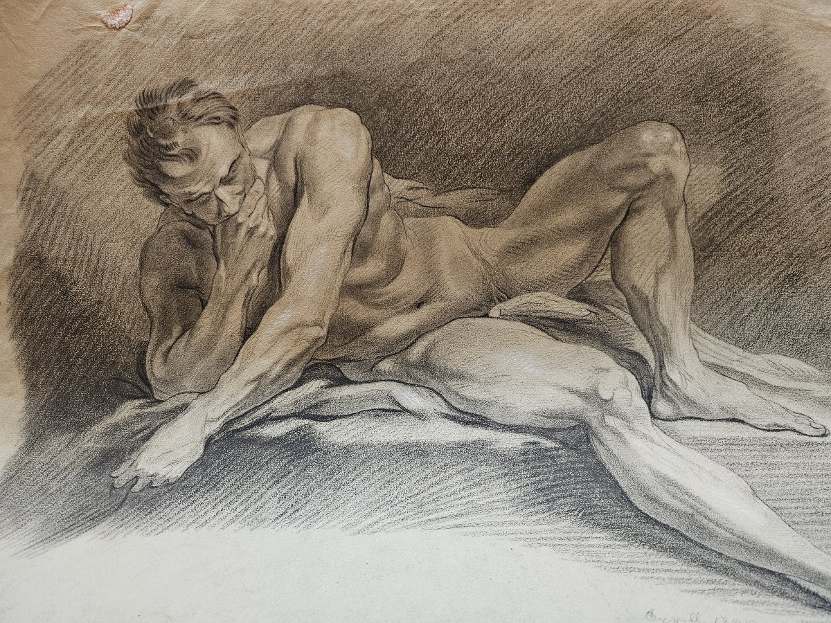 Very Large Black Chalk Drawing, Academy Of Nude Men. 19th Century, France.-photo-1