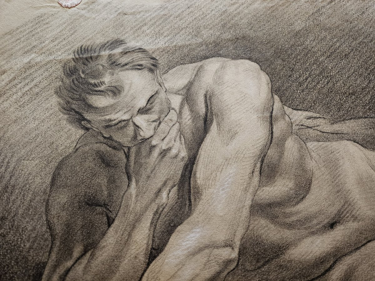 Very Large Black Chalk Drawing, Academy Of Nude Men. 19th Century, France.-photo-2