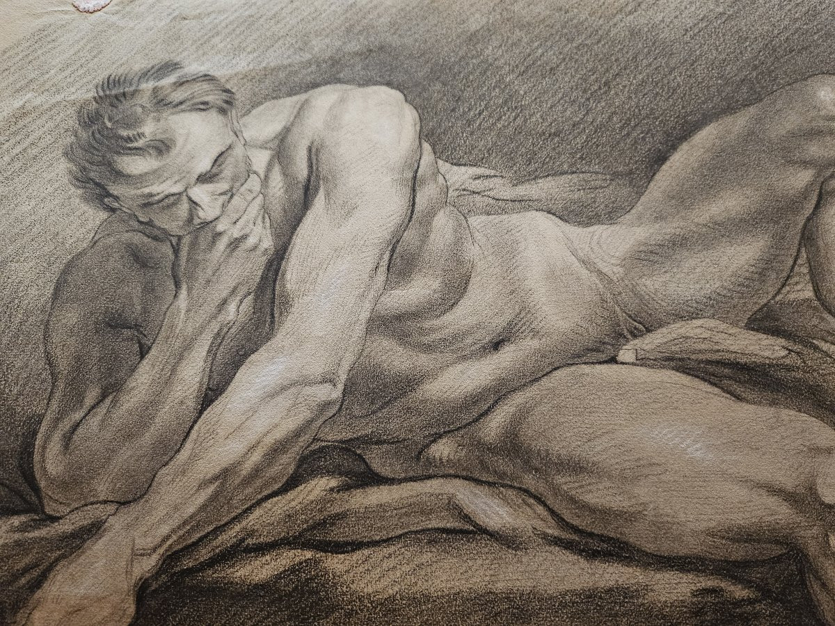 Very Large Black Chalk Drawing, Academy Of Nude Men. 19th Century, France.-photo-4