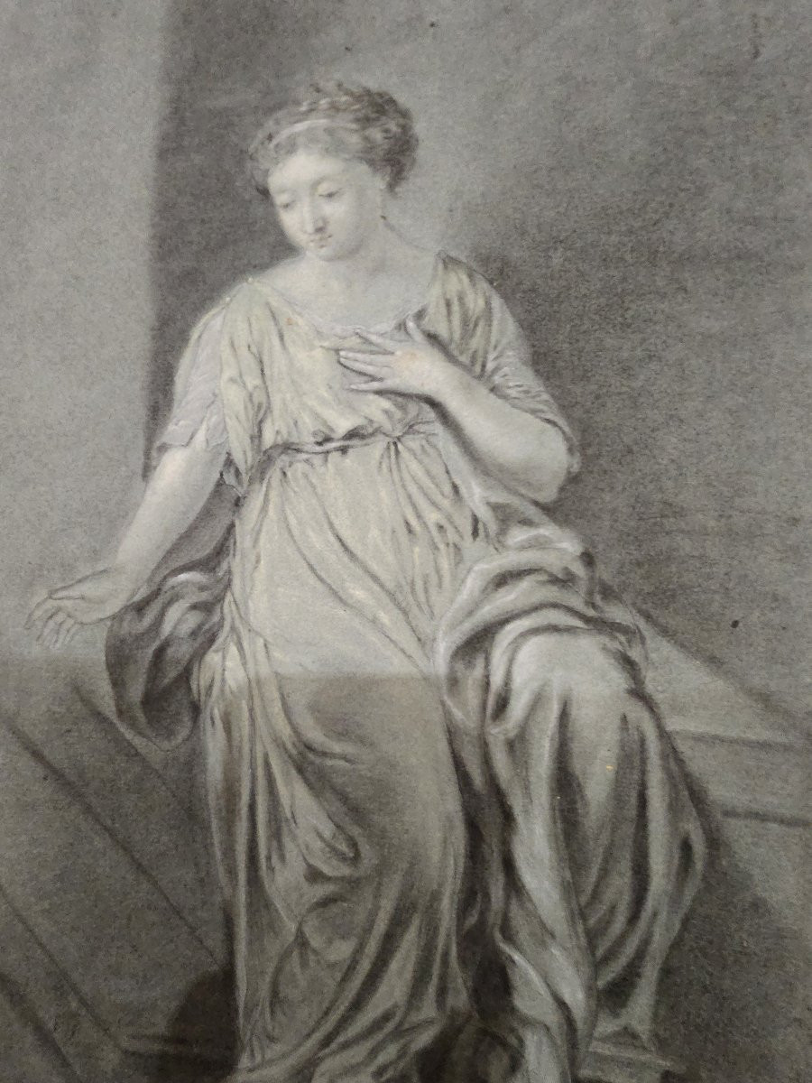 Late 18th Century Drawing, Depicting A Young Woman Sitting With A Pensive Expression. -photo-1