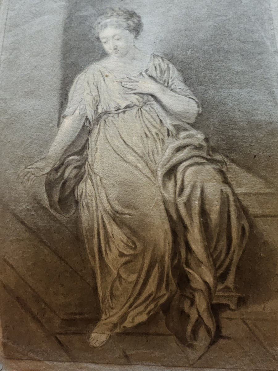 Late 18th Century Drawing, Depicting A Young Woman Sitting With A Pensive Expression. 