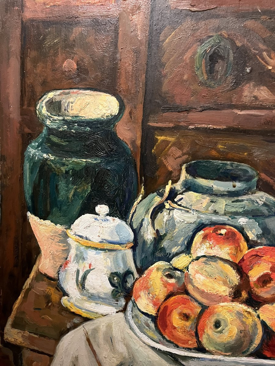 Large Still Life With Apples And Green Pottery, 1940s/1950s. France.-photo-2