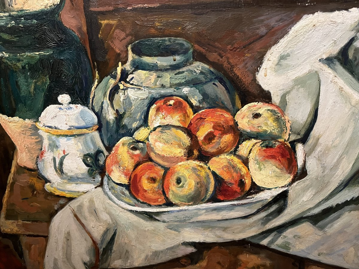 Large Still Life With Apples And Green Pottery, 1940s/1950s. France.-photo-4