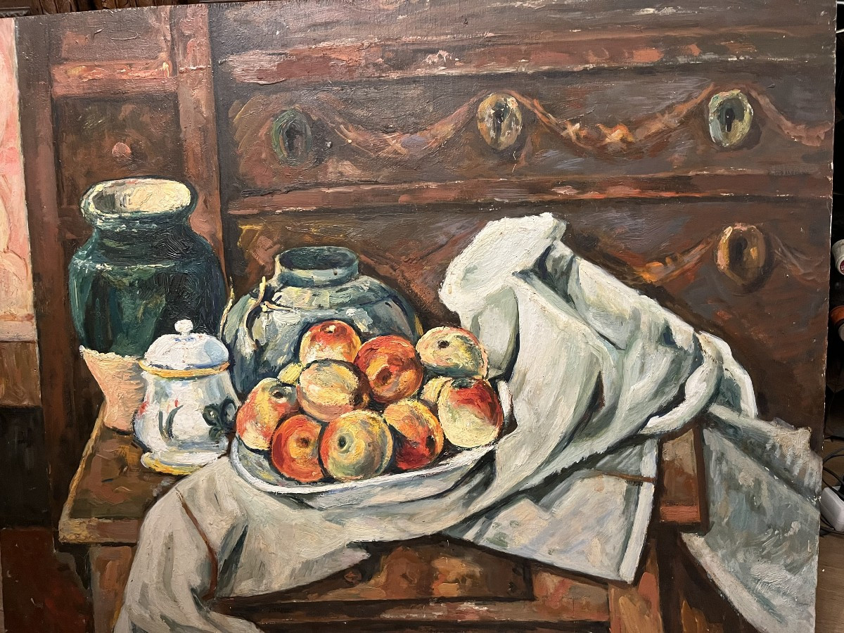 Large Still Life With Apples And Green Pottery, 1940s/1950s. France.