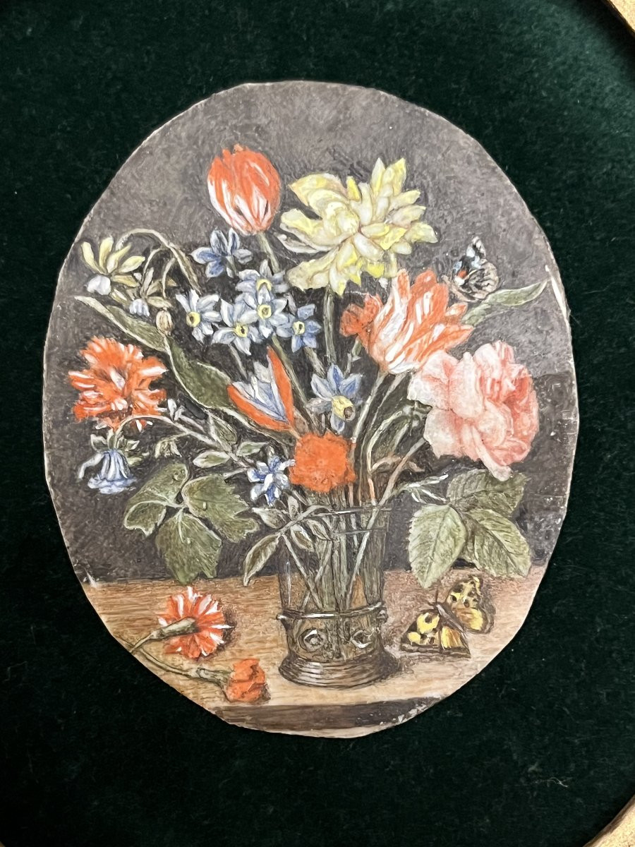 Miniature Sur Ivoire, Copie d'Un Bouquet De Fleurs, Peint Par Jacob Van Hulsdonck, 1582-1647.-photo-2