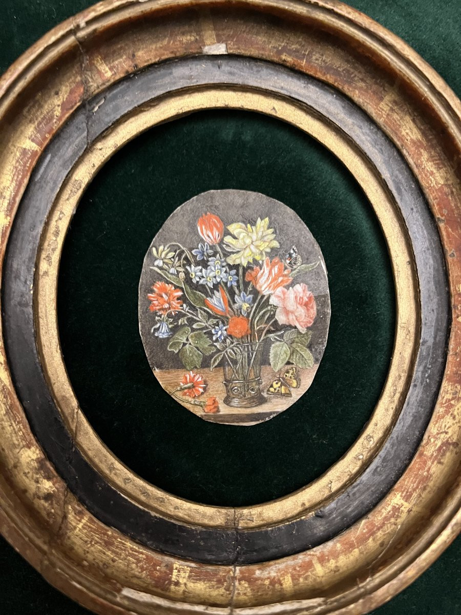 Miniature Sur Ivoire, Copie d'Un Bouquet De Fleurs, Peint Par Jacob Van Hulsdonck, 1582-1647.-photo-4