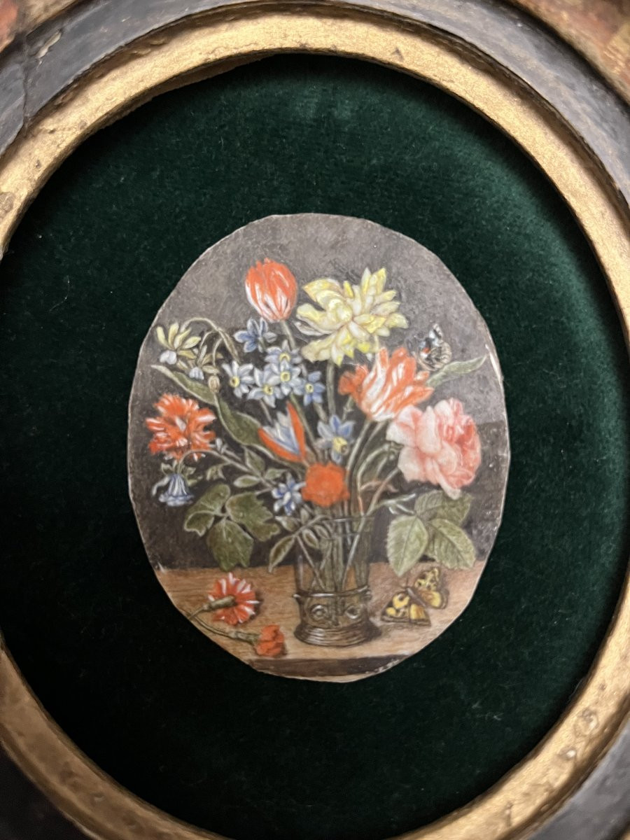 Miniature Sur Ivoire, Copie d'Un Bouquet De Fleurs, Peint Par Jacob Van Hulsdonck, 1582-1647.-photo-1