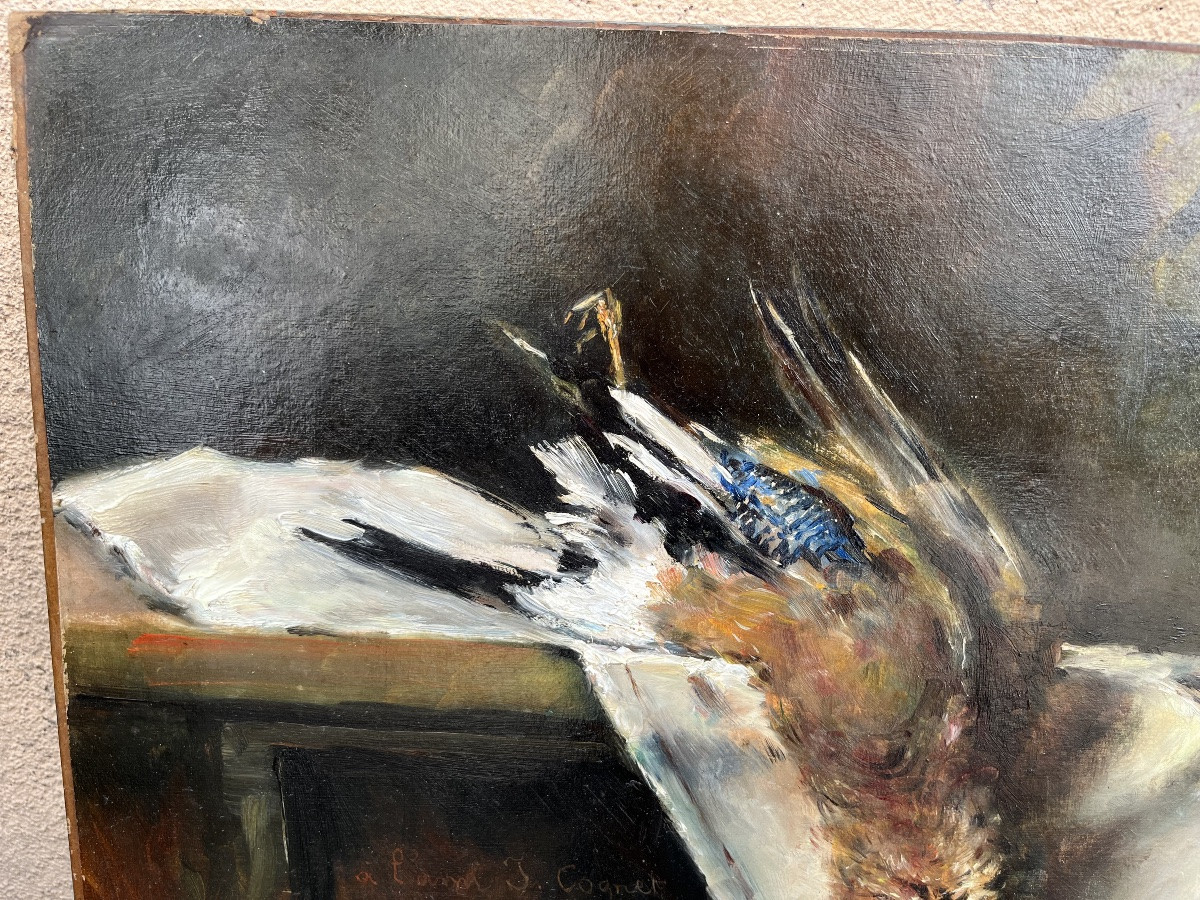 Huile Sur Panneau, Sujet Chasse, Geai Mort, Sur Un Linge Blanc. Fin XIX Eme.-photo-3