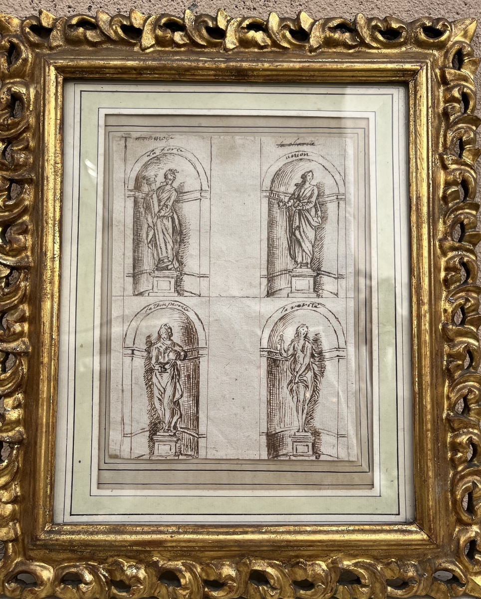 Intéressant Drawing, With The Classic Virtues  From The XVII Teen Century, 