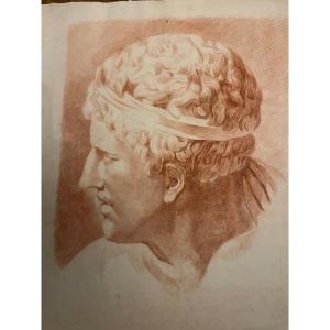 Beautiful Study Of The Head Of A Young Man In Sanguine, Romaine Style, Late 18th Century.