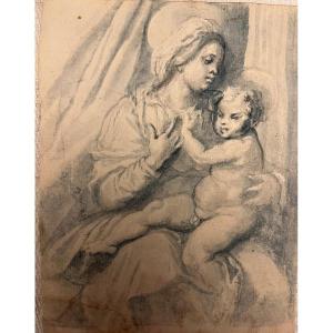 Drawing 16th Century. Virgin And Child. Italy. Framed.