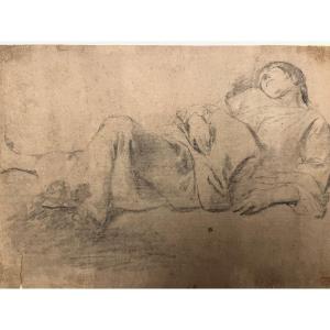 Drawing Representing A Young Person Lying On The Ground, Sleeping. Italy, Early 17th Century. Collecti Brand.