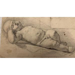 Nice Drawing In Black Stone, Sleeping Child. XVII Th. France