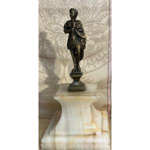 Bronze Statuette, Roman Soldier On Large Marble Base. 19th Century.