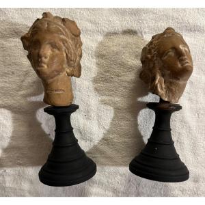 Pair Of Small Antique Heads, Terracotta, 18th Century.