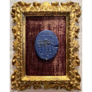 Lapis Lazuli Blue Glass Medallion, 18th Century, 18th Century Gilded Wood Frame.