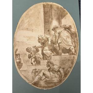 Beautiful Brown Pen Drawing, Representing An Antique Scene, Oval, Italy, 17th Century.