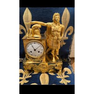 Gilt Bronze Clock, Representing Louis XIV Young In War Chief's Outfit? 19th Century.