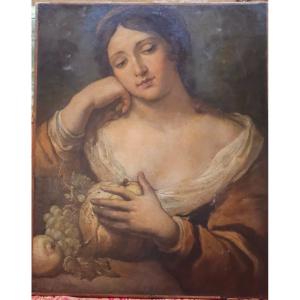 Large 19th Century Painting, A Young Girl In Bust, Presenting Fruits In Her Right Hand. 