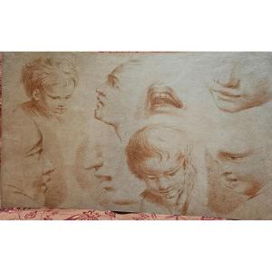 Large Sheet Of Studies Of Children's Heads, In Red Chalk, 18th Century.