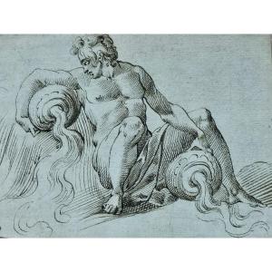 Small 17th Century Drawing, Allegory Of Water, Italy.