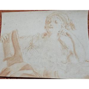 18th Century Red Chalk, Young Woman Reading. France