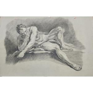 Very Large Black Chalk Drawing, Academy Of Nude Men. 19th Century, France.