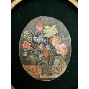 Miniature Sur Ivoire, Copie d'Un Bouquet De Fleurs, Peint Par Jacob Van Hulsdonck, 1582-1647.