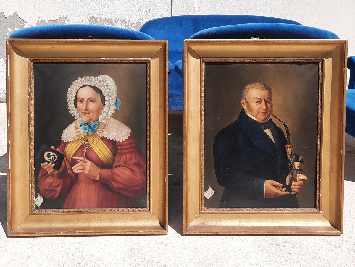 Paire de portraits homme et femme époque XIXème 