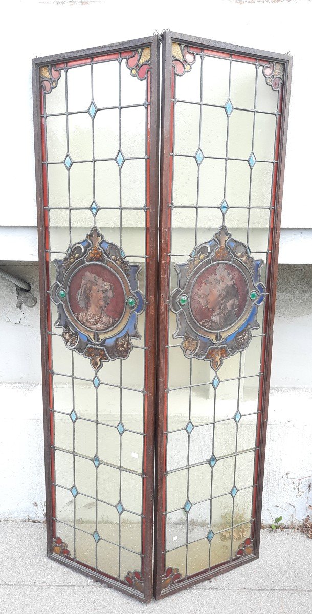 Pair Of Renaissance Style Stained Glass Windows.