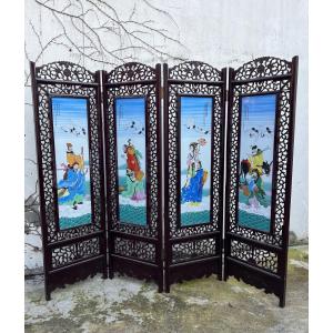 Chinese Four Leaf Porcelain Screen 