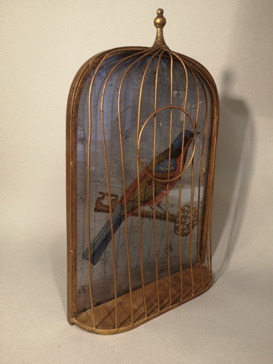 Trompe l'œil-cage à Oiseau-fixé Sous Verre -photo-2