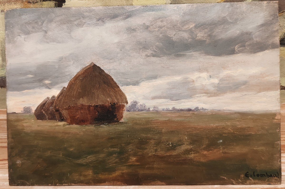 French School, E. Lombard, Landscape With Haystacks, 