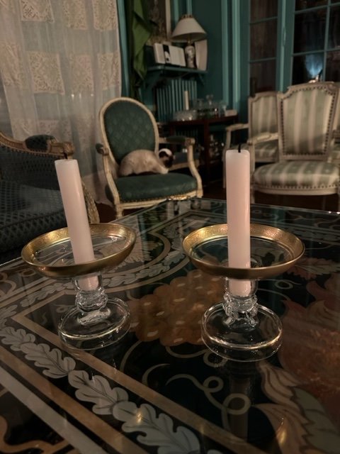 Pair Of Engraved And Gilded Crystal Candlesticks