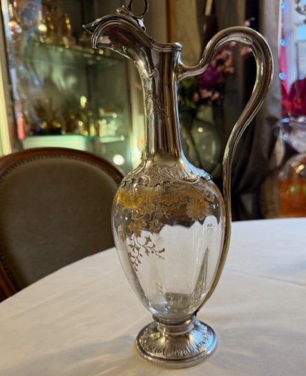 Large Baccarat Crystal Ewer Enameled In Fine Gold With Solid Silver Mounting