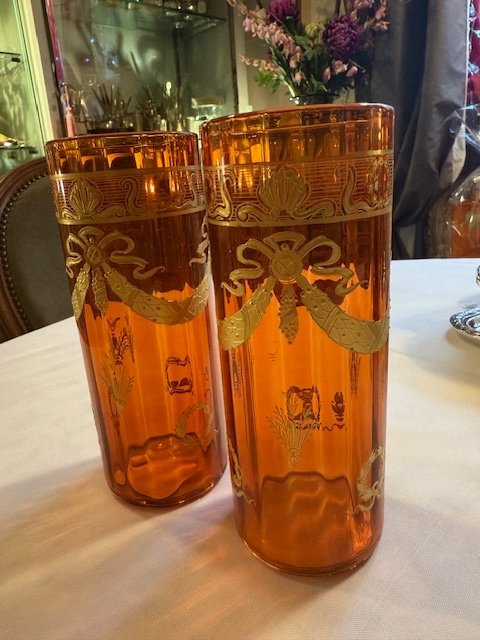 Pair Of Baccarat Crystal Vases Enameled With Fine Gold On An Orange Background -photo-2