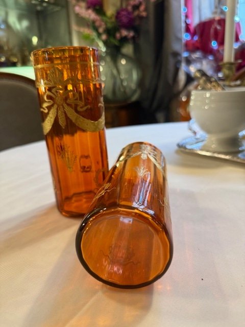 Pair Of Baccarat Crystal Vases Enameled With Fine Gold On An Orange Background -photo-3