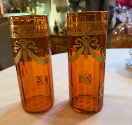 Pair Of Baccarat Crystal Vases Enameled With Fine Gold On An Orange Background 