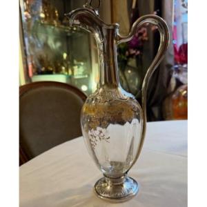 Large Baccarat Crystal Ewer Enameled In Fine Gold With Solid Silver Mounting